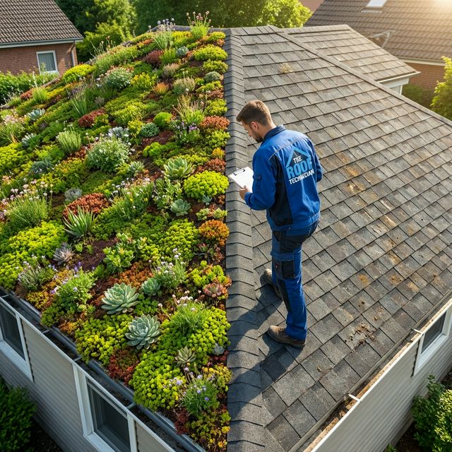 Side-by-side comparison of green living roof versus traditional shingle roof