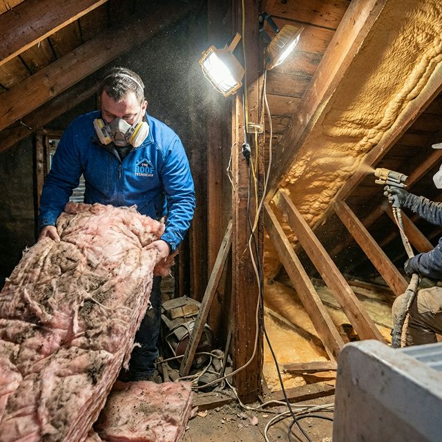 Roofer replacing old roof insulation with spray foam in attic