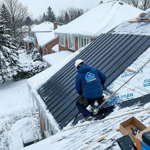 Roofer installing snow-resistant metal roofing in Canadian winter