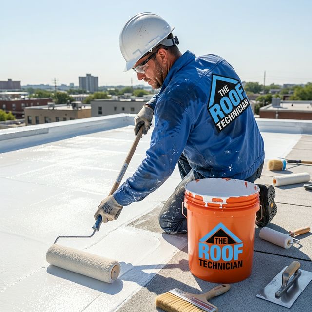 Roofer applying reflective white elastomeric waterproof coating on flat roof