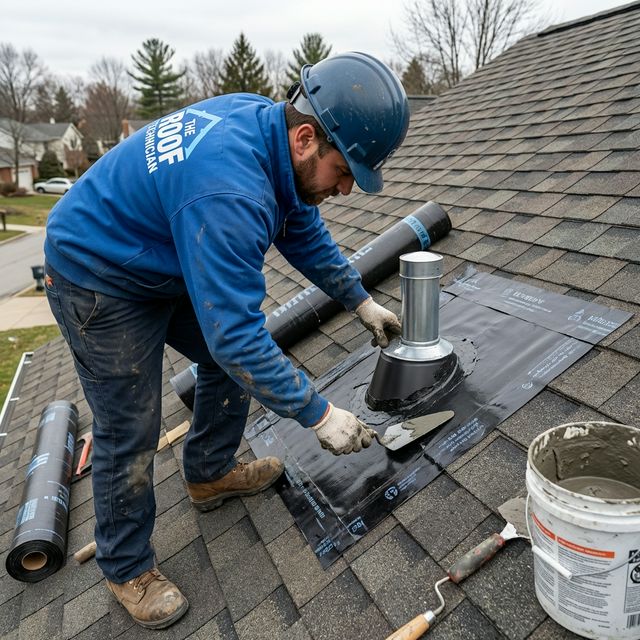 Roofer waterproofing asphalt shingle roof around vent with ice shield