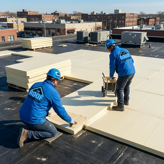 Professional roofers installing commercial polyiso insulation on flat roof