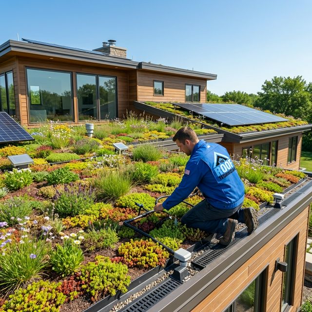 Green roof with vegetation being inspected for energy efficiency