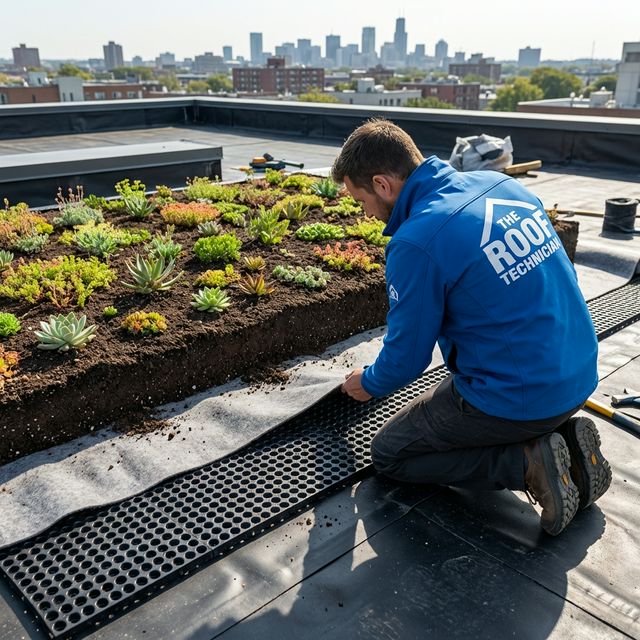 Green roof installation layers: membrane, drainage, filter fabric, plants