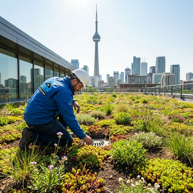 Green roof with organic sedum plants and Toronto skyline