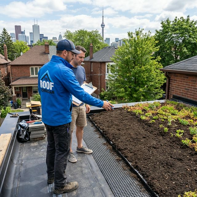 Roofer discussing green roof installation costs with homeowner