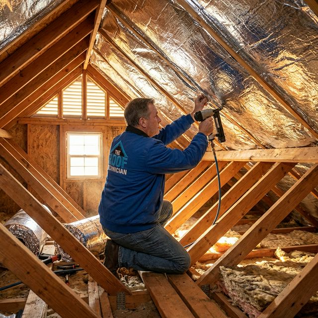 Roofer installing radiant barrier foil insulation in attic
