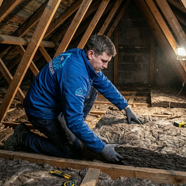 Roofer installing noise-reducing mineral wool insulation in attic