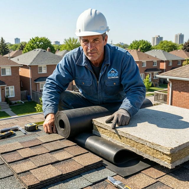 Roofer comparing noise-reducing roofing materials on rooftop