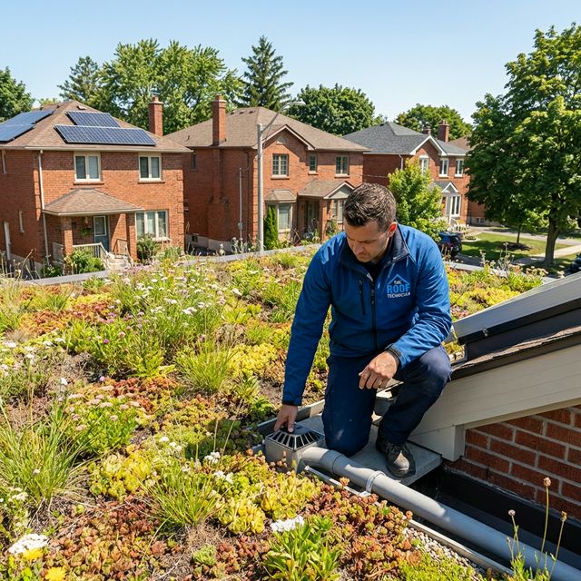 Residential green roof with sedum plants in Toronto neighborhood
