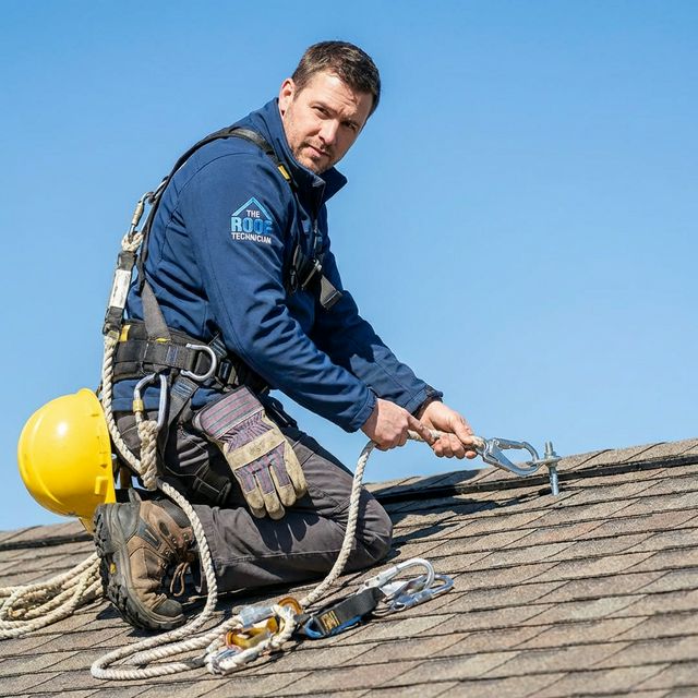 Professional roofer demonstrating essential roof safety equipment