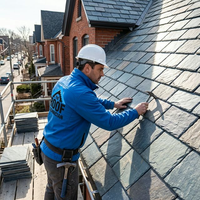 Professional installing natural slate tiles on heritage Toronto home