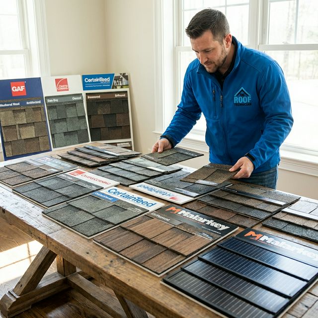 Popular roofing shingle brand samples from GAF, CertainTeed, and Malarkey