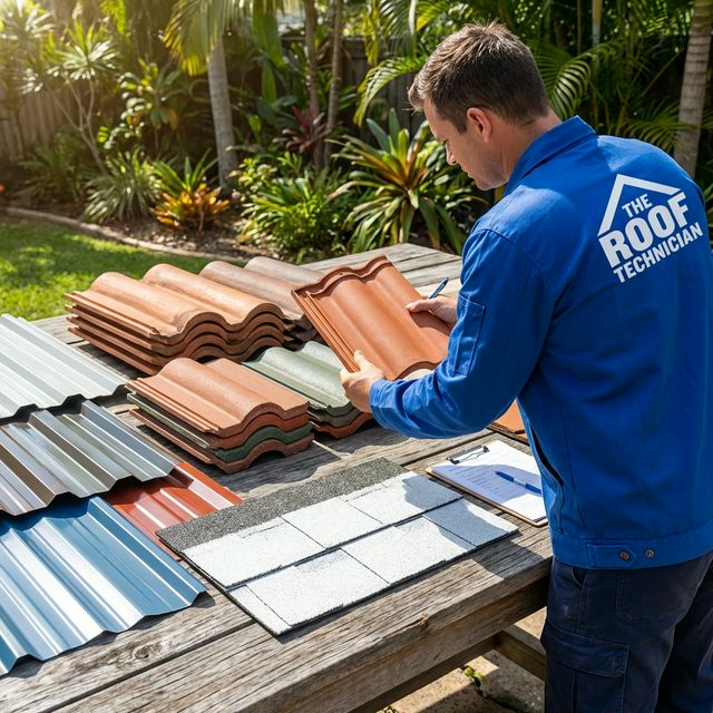 Roofing material samples for tropical climates: clay, concrete, metal tiles