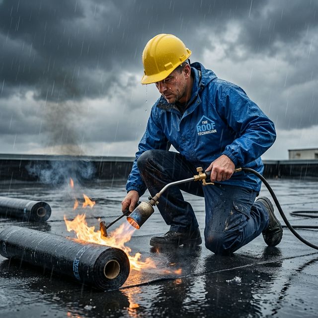 Roofer applying torch-applied bitumen waterproofing in rain