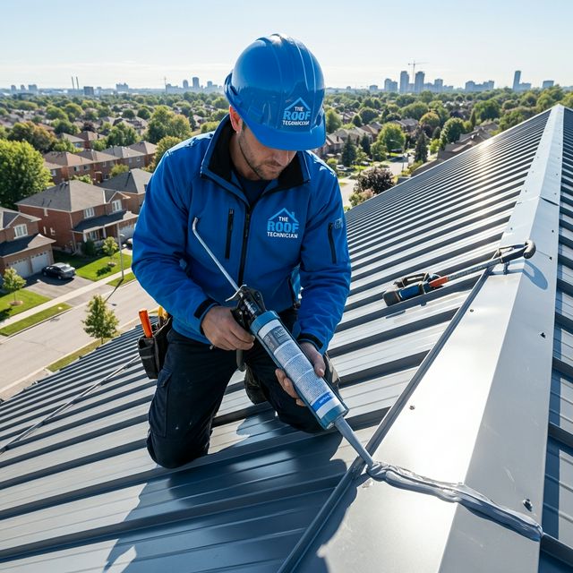 Roofer applying waterproofing sealant to standing seam metal roof