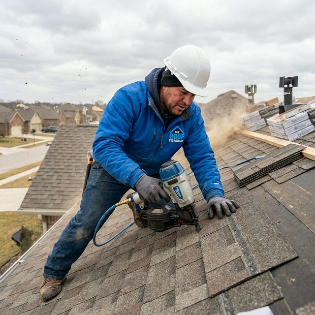 Professional roofer installing wind-resistant shingles with nail gun