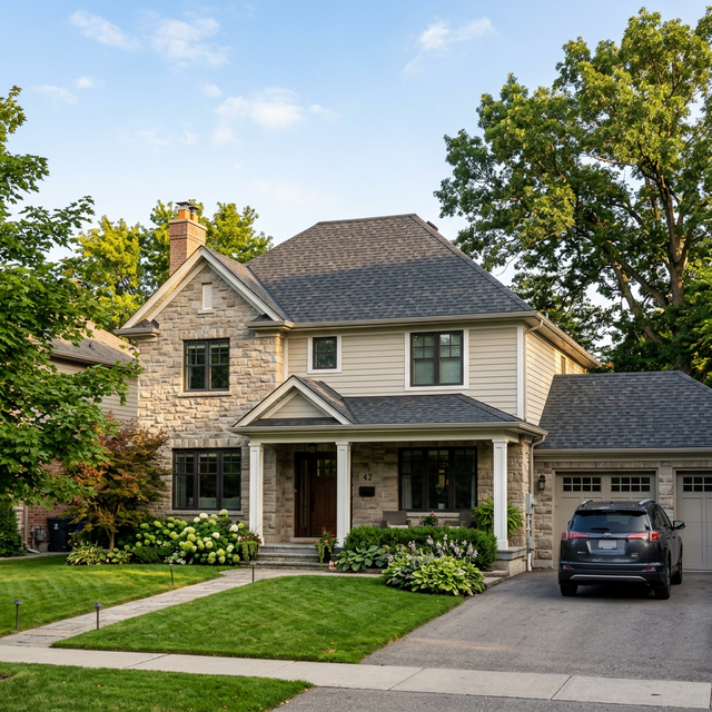 Toronto home with newly installed architectural asphalt shingle roof in charcoal grey