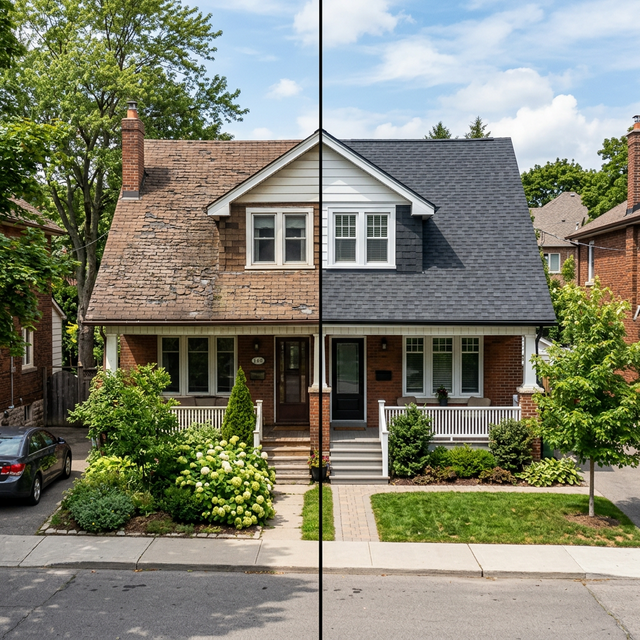 Before and after roof replacement on a Toronto detached home