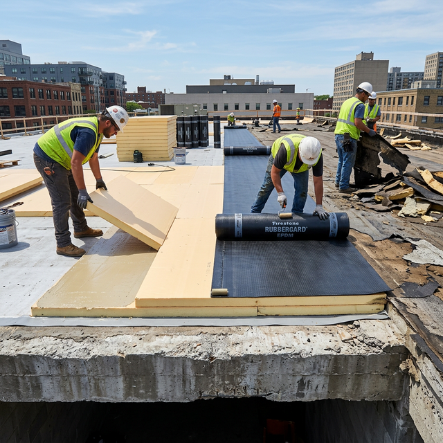 Flat roof renovation showing layers of insulation, EPDM membrane, and concrete deck