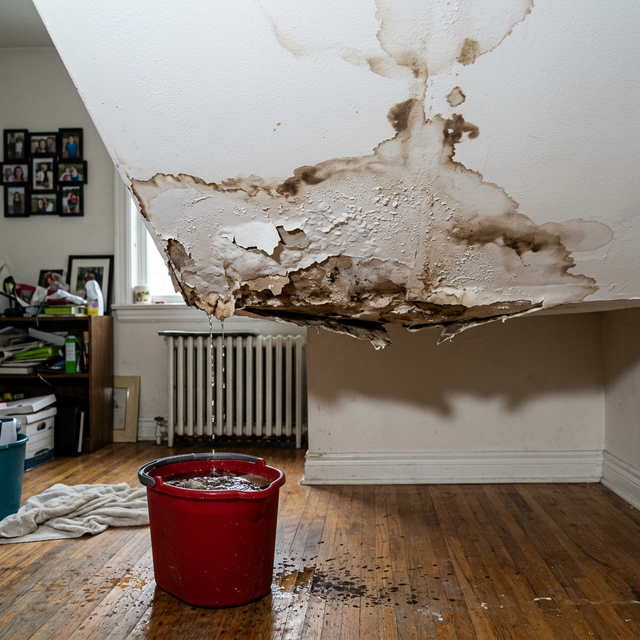 Interior ceiling water damage from a flat roof leak with brown stains and active drip