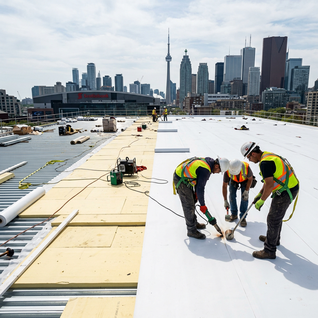 Workers installing TPO membrane on a commercial flat roof in Toronto