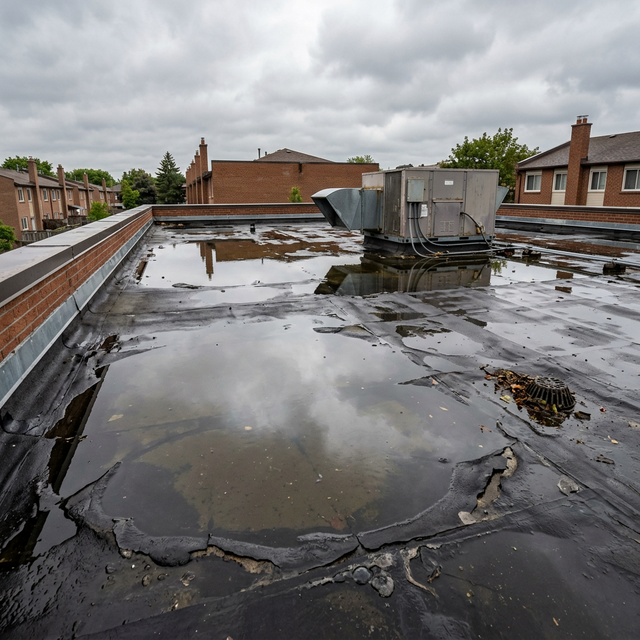 Flat roof with ponding water and deteriorating membrane on a Toronto building