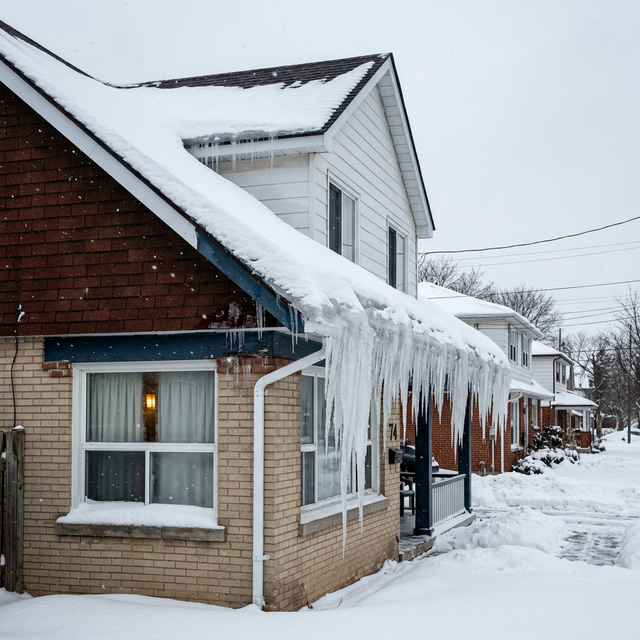 Ice dam formation on a Toronto home roof in winter with icicles hanging from gutters