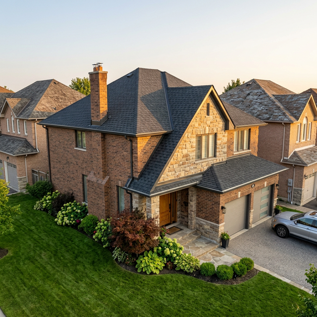 Mississauga home with brand new dark charcoal architectural shingle roof and brick exterior