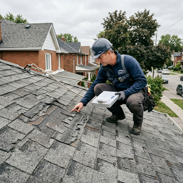 Roofing contractor inspecting damaged shingles on a Toronto home