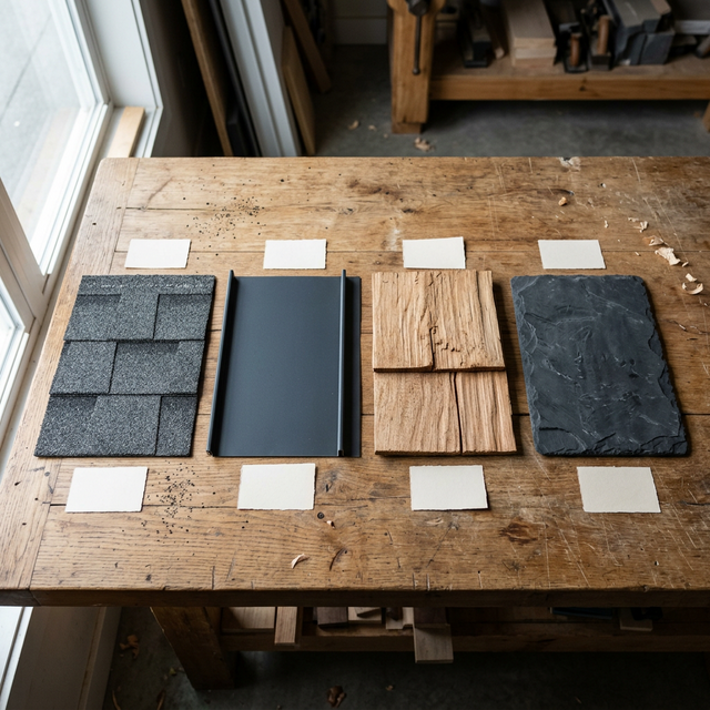 Roofing material samples — asphalt shingles, metal panel, cedar shake, and slate tile