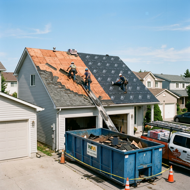Roof replacement in progress on a suburban home with workers removing old shingles and dumpster on driveway