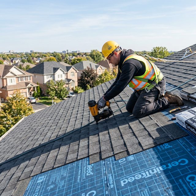 Professional roofer installing architectural asphalt shingles with a nail gun on a residential roof