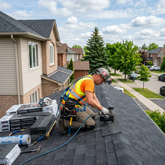 Professional roofer installing architectural asphalt shingles on a Toronto home