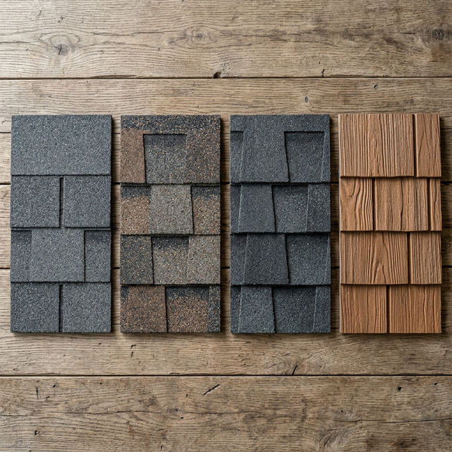 Four roofing shingle types compared side by side: 3-tab, architectural, designer, and synthetic shake