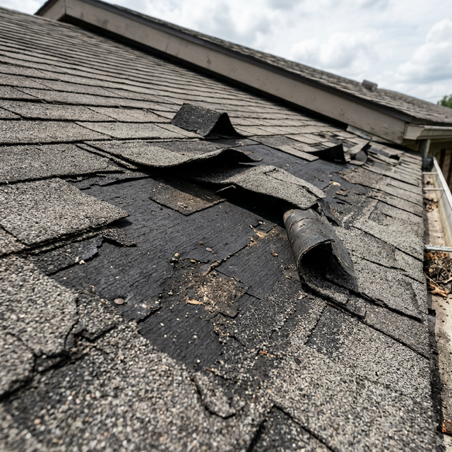 Wind-damaged 3-tab asphalt shingles with lifted tabs and exposed underlayment