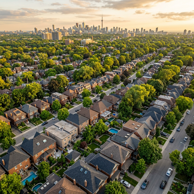 Aerial view of Toronto residential neighbourhood showing various roof styles and materials