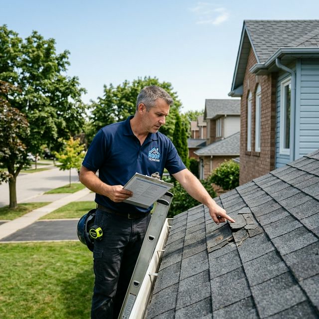 Roofing contractor inspecting damaged shingles on an Oakville home