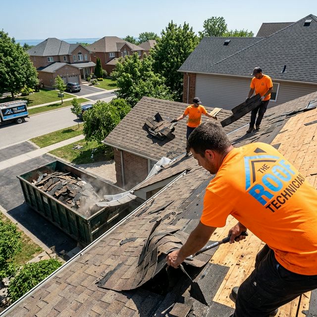 Roofing crew tearing off old shingles from a residential roof in Oakville