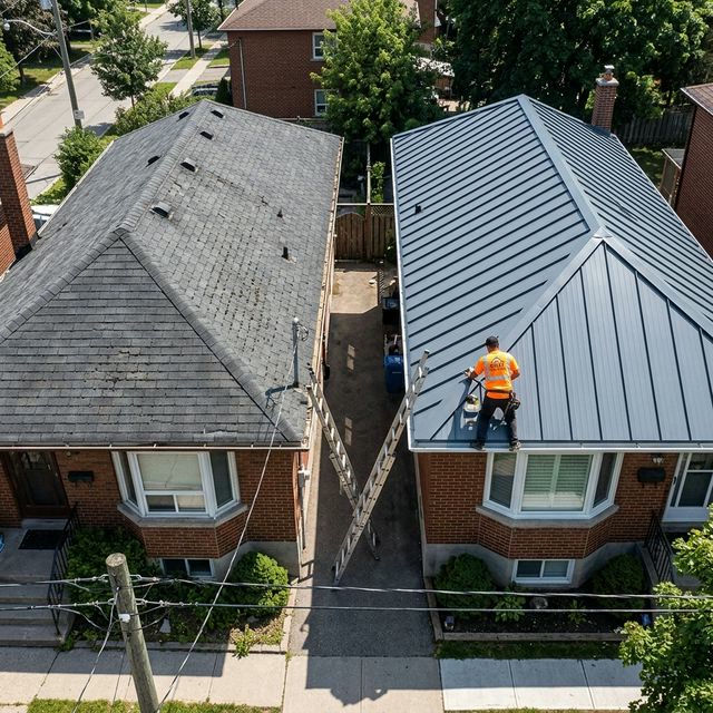 Comparison of new metal roof against older asphalt shingle roof in Toronto
