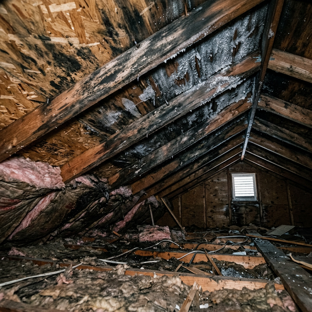 Attic interior showing mould and frost from poor ventilation