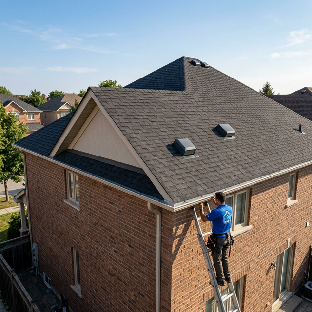 The Roof Technician worker on a ladder inspecting soffit vents on a Toronto home