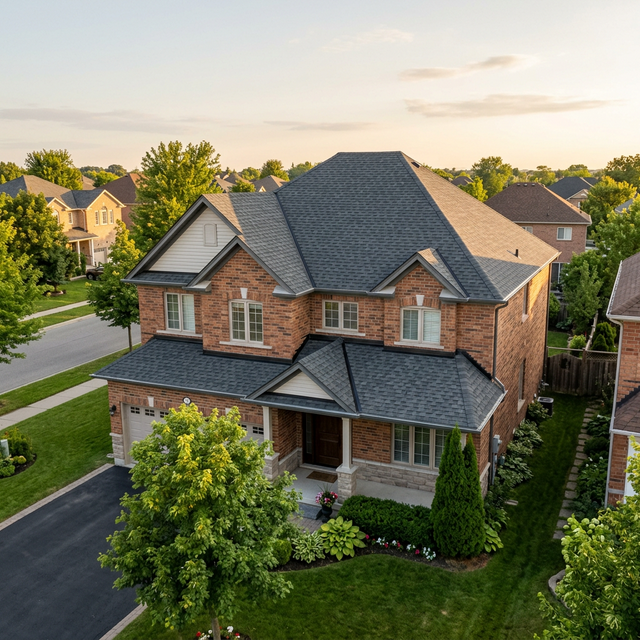 Completed roof replacement on a two-storey Brampton home with architectural shingles