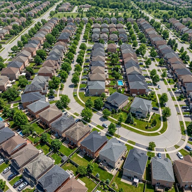 Aerial view of Brampton residential neighbourhood showing various roof types