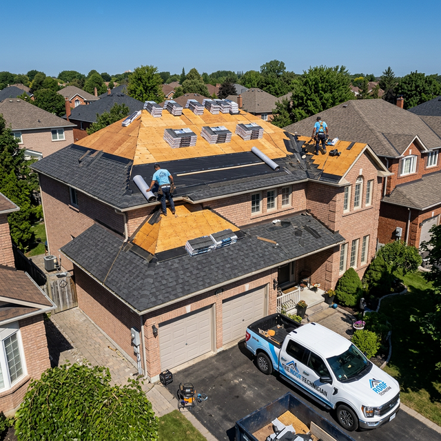 Full roof replacement in progress on a Toronto home with The Roof Technician crew and branded truck