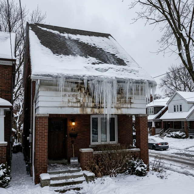 Ice dam formation along the eaves of a Toronto home in winter
