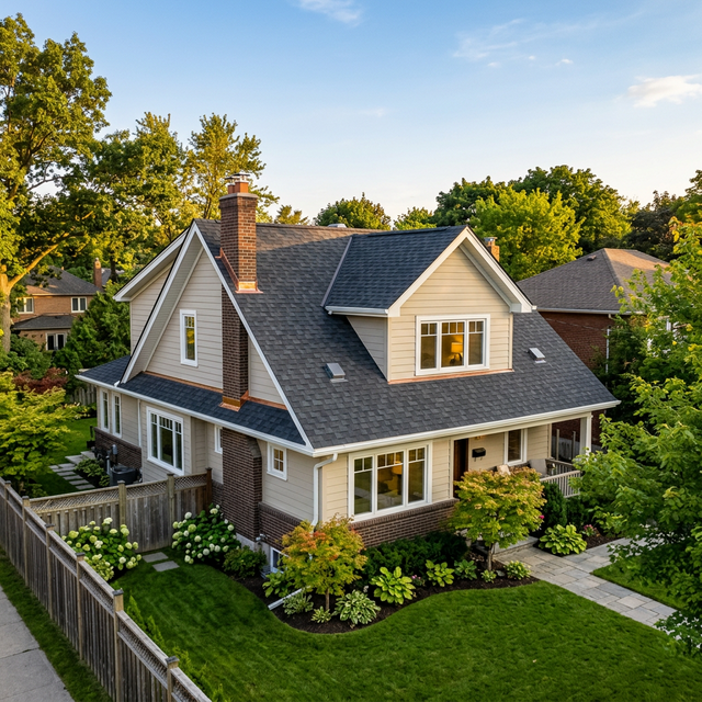 Newly completed shingle roof on a Toronto home with clean architectural shingles
