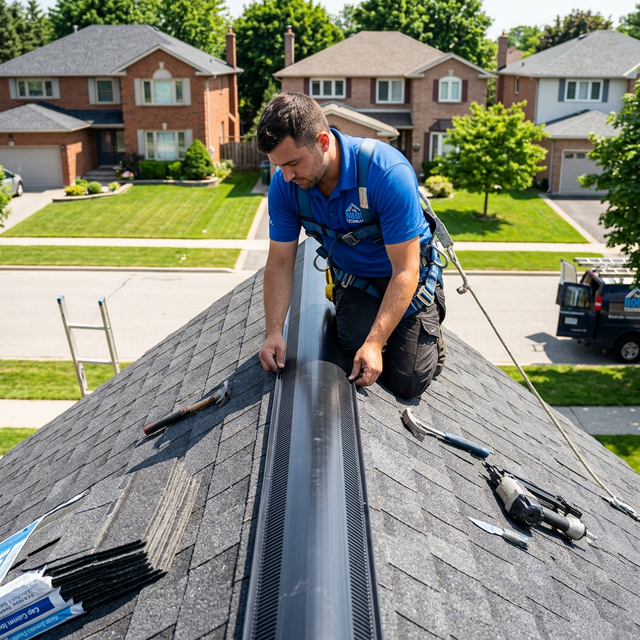 The Roof Technician installer placing a continuous ridge vent on a Toronto rooftop