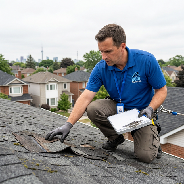 Professional roofer in The Roof Technician branded polo inspecting damaged shingles on a Toronto rooftop