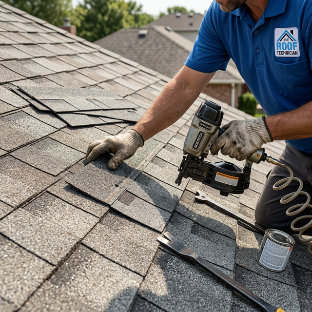 Close-up of asphalt shingle roof repair being performed by The Roof Technician worker
